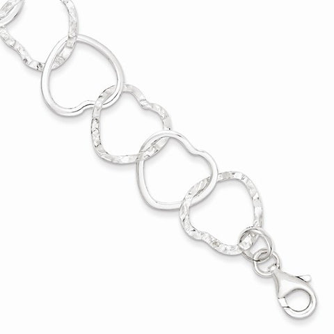 Sterling Silver Textured and Polished Heart Link Bracelet