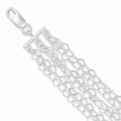 Sterling Silver Polished Multi-Strand Heart Link Bracelet