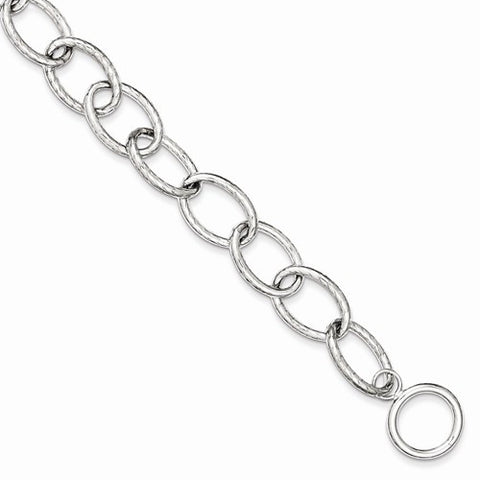 Sterling Silver Rhodium Plated Textured Oval Link Bracelet