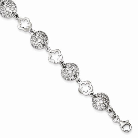 Sterling Silver Rhodium Polished Flower Bracelet