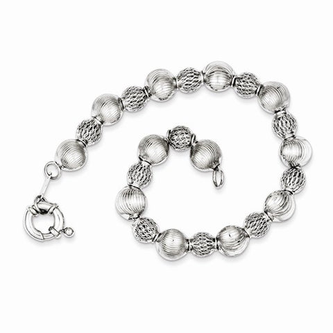 Sterling Silver Rhodium Plated Textured Bead Bracelet