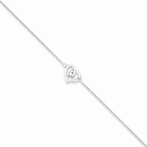 Sterling Silver Rhodium Plated Cz Heart Bracelet