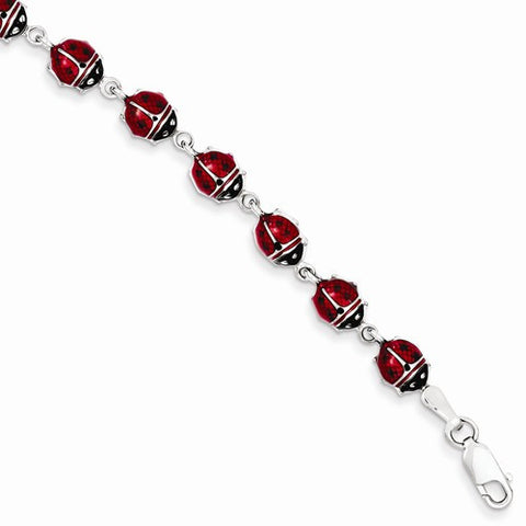 Sterling Silver Rhodium Polished Enameled Lady Bug Bracelet