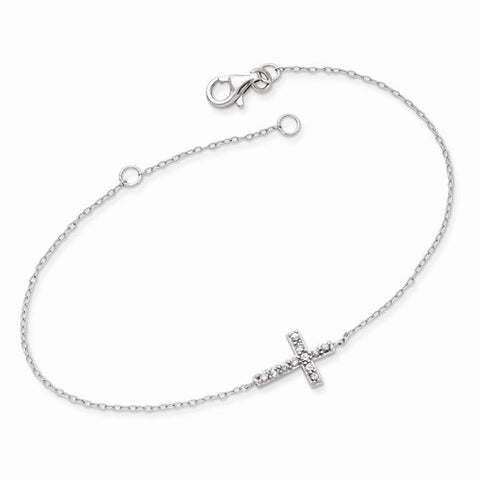 Sterling Silver Cz Sideways Cross W Bracelet