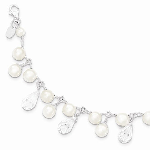 Sterling Silver Freshwater Cultured Button Pearl Crystal Bracelet