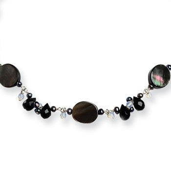 Sterling Silver Black, Opalite Crystal & Black Mother Of Pearl Necklace