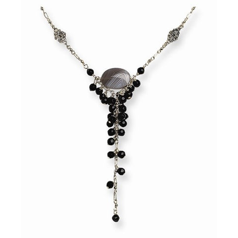 Sterling Silver Lace Agate & Black Crystal Necklace