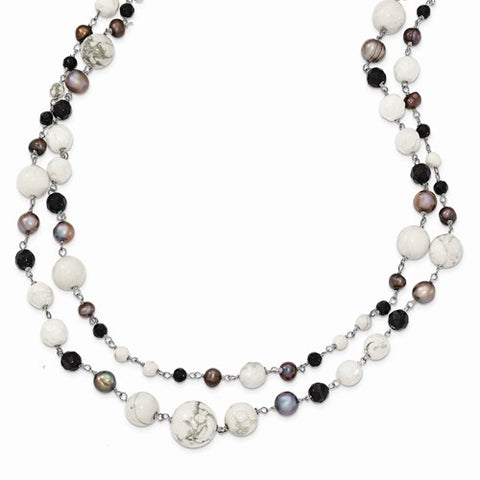 Sterling Silver Jet Crystal, Howlite, FW Cultured Peacock Pearl Necklace