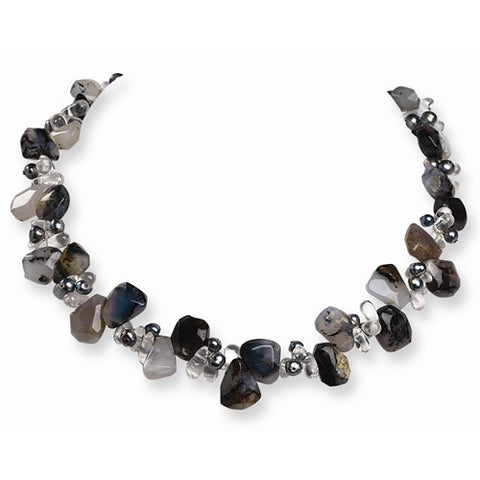 Sterling Silver Sea Agate, Quartz, FW Cultured Pearl Necklace