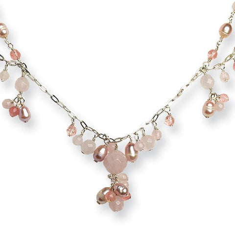 Sterling Silver Rose, Cherry Quartz & Cultured Pink Pearl Necklace