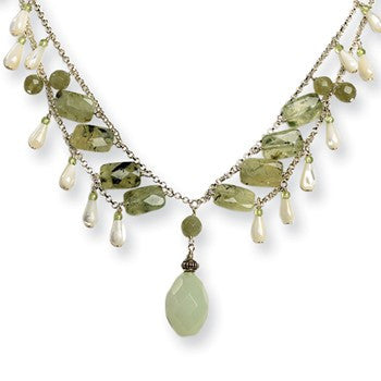 Sterling Silver Prehnite, Green & Cultured Mother Of Pearl Necklace