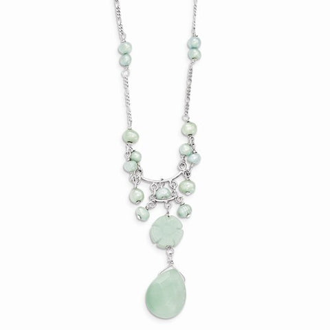 Sterling Silver Amazonite, Green Freshwater Cultured Pearl Necklace