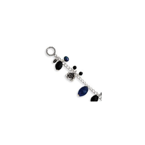 Sterling Silver Sodalite B Gold Stone Black Crystal Cultured Pearl Bracelet