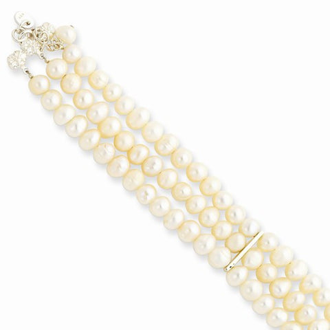 Sterling Silver Triple Strand White Pearl Bracelet