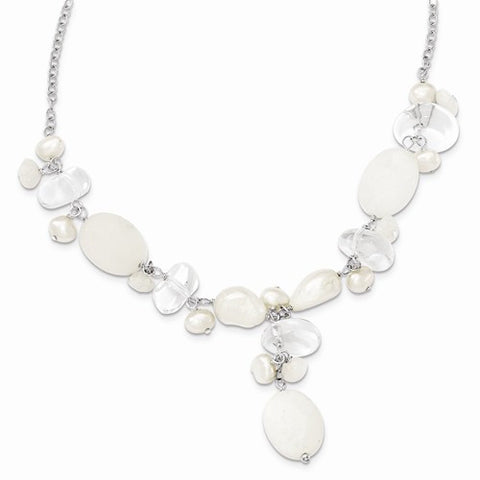 Sterling Silver Moonstone, FW Cultured Pearl, Rock Quartz, White Necklace