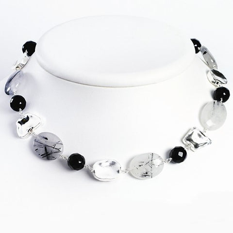 Sterling Silver Black Agate & Tourmalinated Quartz Necklace