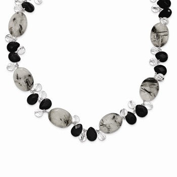 Sterling Silver Tourmalinated Quartz, Black Agate, Clear Quartz Necklace