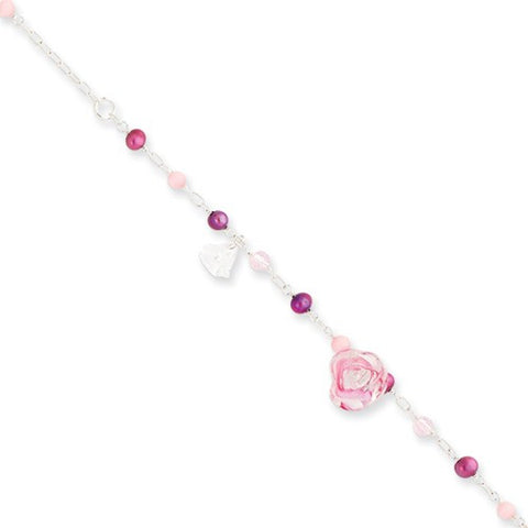 Sterling Silver Pink&Clear Glass, Red Cultured Pearl, Rose Quartz Necklac Necklace