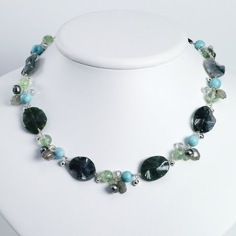 Sterling Silver Agate, Grn Moss & Rk Quartz, Labradolite, PrehniteNecklace