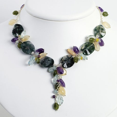 Sterling Silver Agate, Amethyst, Blue Topaz, Moonstone, Necklace