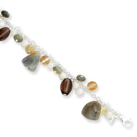 Sterling Silver Labradorite Agate Rutilated & Smokey Quartz Bracelet