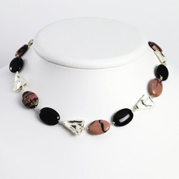 Sterling Silver Onyx & Rhondonite Necklace