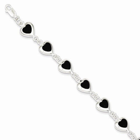 Sterling Silver Fancy Polished Heart Onyx Bracelet