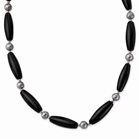 Sterling Silver Black Agate, Freshwater Cultured Silver Pearl Necklace