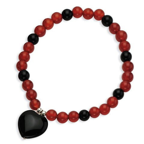 Sterling Silver Black Agate Heart Red & Black Agate Beads Stretch Bracelet