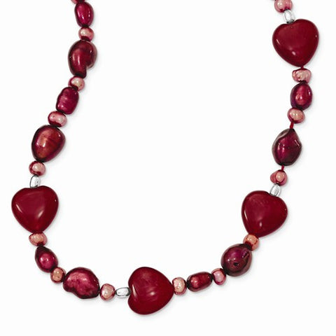 Sterling Silver Red Hearts, FW Cultured Pearl Necklace