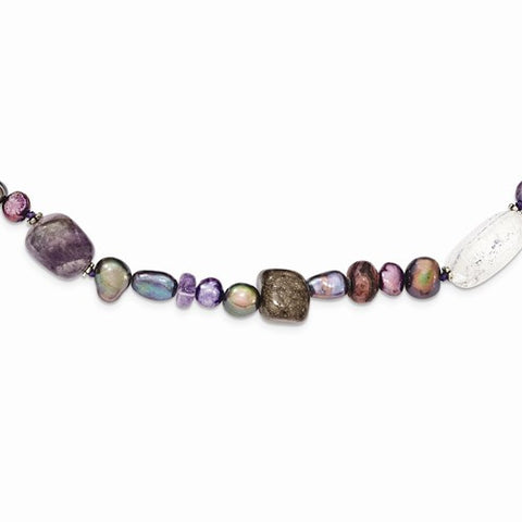 Sterling Silver Amethyst, , Quartz, , FW Cultured Pearl Necklace