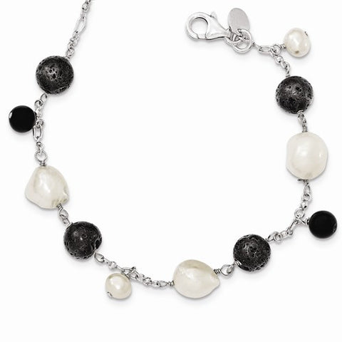 Sterling Silver & Fwc Pearl Black Agate Lava Rock with Necklace