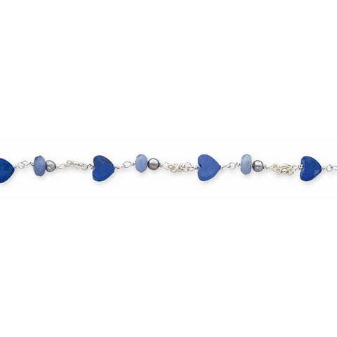 Sterling Silver Lapis Hearts Fw Cultured Pearl Blue Quartz Bracelet