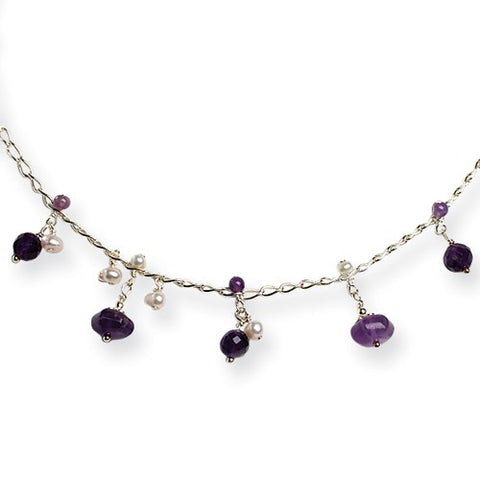 Sterling Silver Amethyst, Cultured Pearl Dangle Necklace