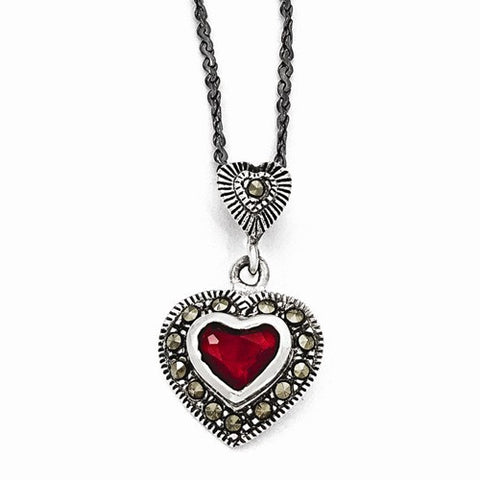 Sterling Silver Marcasite W Red Crystal Pendant with Chain Pendant, 16 inch, Chains and Necklace