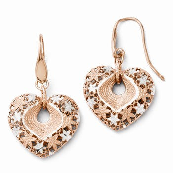 Sterling Silver Rose-tone 24k Flash Plated Diamond-cut Heart Earrings