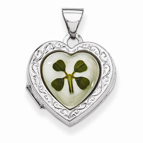 Sterling Silver MOP with 4 Leaf Clover 2-Frame Heart Locket