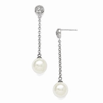 Sterling Silver 10-11mm White Shell Pearl CZ Dangle Earrings