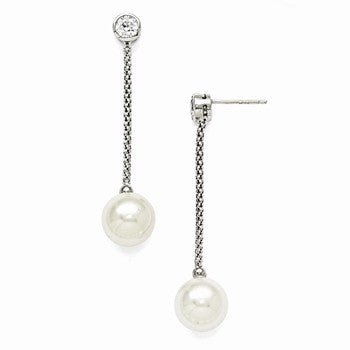 Sterling Silver 10-11mm White Shell Pearl CZ Dangle Earrings