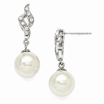 Sterling Silver 10-11mm White Shell Pearl CZ Dangle Earrings