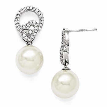 Sterling Silver 10-11mm White Shell Pearl CZ Dangle Earrings