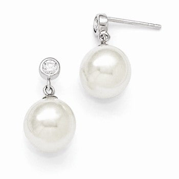 Sterling Silver 10-11mm White Shell Pearl CZ Dangle Earrings