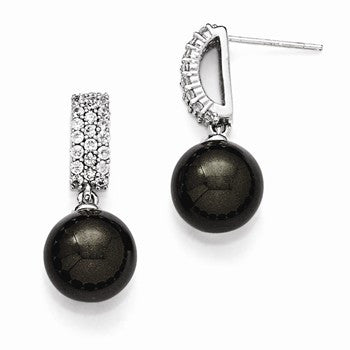 Sterling Silver 10-11mm Black Shell Pearl CZ Dangle Earrings