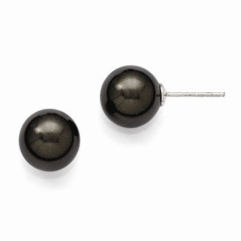 Sterling Silver 10-11mm Round Black Shell Pearl Stud Earrings