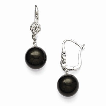 Sterling Silver 12-13mm Black Shell Pearl CZ Dangle Earrings