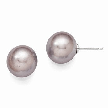 Sterling Silver 12-13mm Round Purple Shell Pearl Stud Earrings