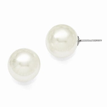 Sterling Silver 14-15mm Round White Shell Pearl Stud Earrings