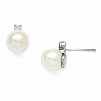 Sterling Silver 8-9mm White Shell Pearl CZ Post Earrings