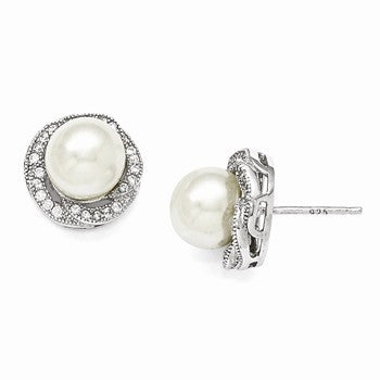 Sterling Silver 8-9mm White Shell Pearl CZ Post Earrings