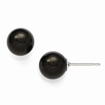 Sterling Silver 8-9mm Round Black Shell Pearl Stud Earrings